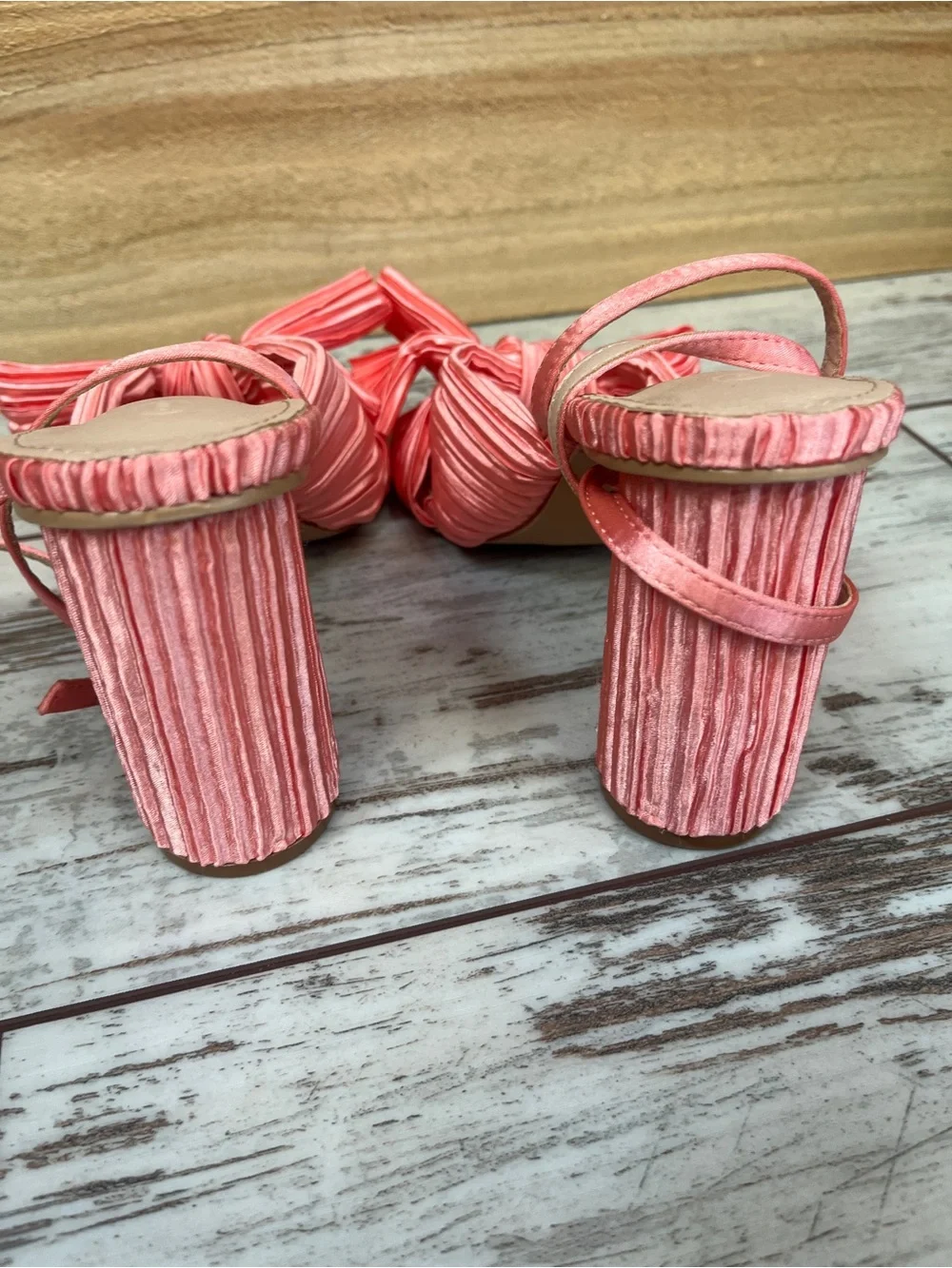 Bow Knot Block Heel Sandals Womens 9 NWOT Pink Coral Bridal Wedding Ankle Strap